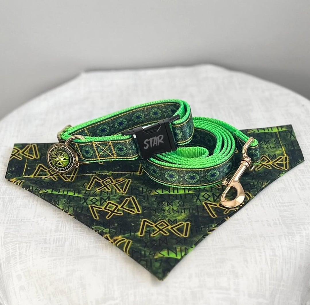 LOKI SET God of Mischief Dog Collar and Leash Set 3 Piece Rune Dog