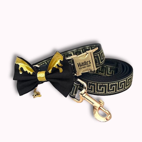 Gold Metallic Greek Key Collar and Leash Set: 3 Piece Matching Dog Walking Bundle