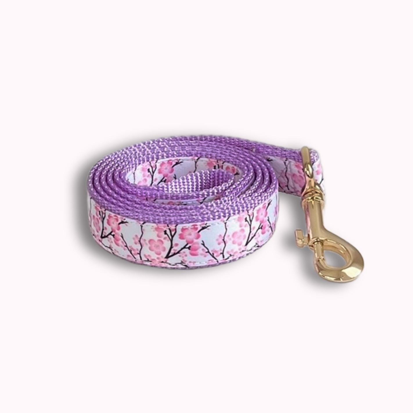 Cherry Blossom Dog Leash 5/8" Or 1", Spring Floral Print, Lavender Nylon Fabric, Personalized Option