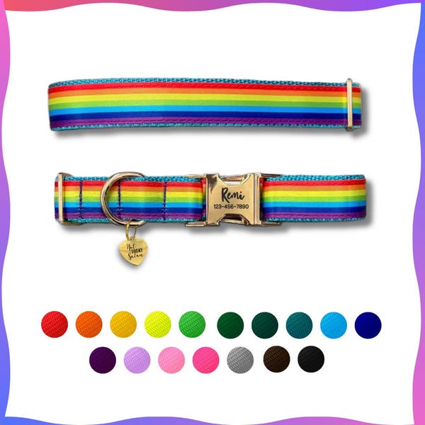 Coleira personalizada para cães com listras do arco-íris: escolha entre nylon e ferragens de metal, tecido com as cores do orgulho LGBTQ+, fivela de metal gravada e tamanhos do XS ao XXL.