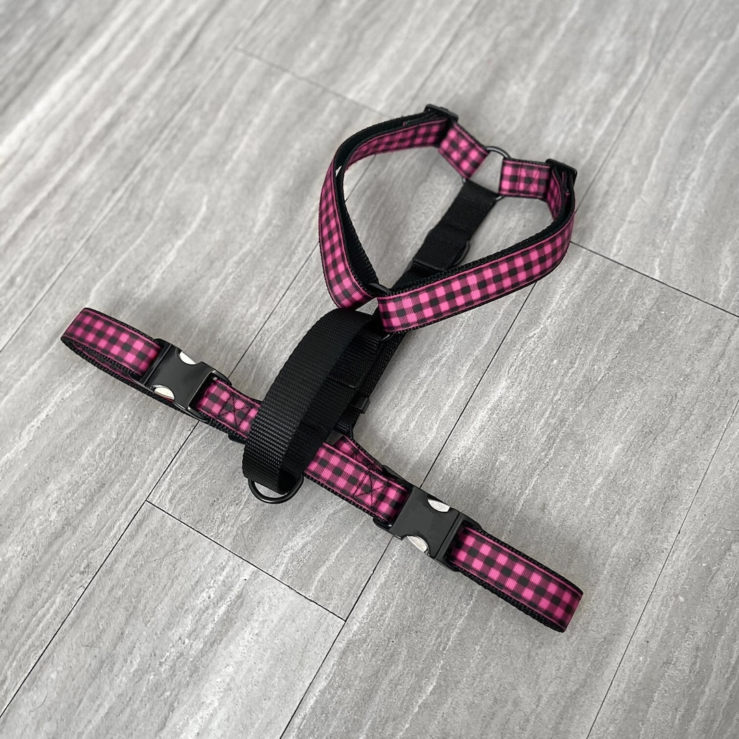 BLUSH HARNESS Pink and Black Plaid Dog Harness 5/8 or 1 Dog Harness With Handle Front Clip Y