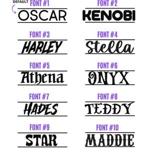 May include: A personalized leash font and color selection chart featuring ten distinct black font styles labeled FONT #1 through FONT #10, with names like OSCAR, KENOBI, and HARLEY. Below are ten colored circles: black, white, grey, yellow, orange, red, purple, pink, blue, and green.