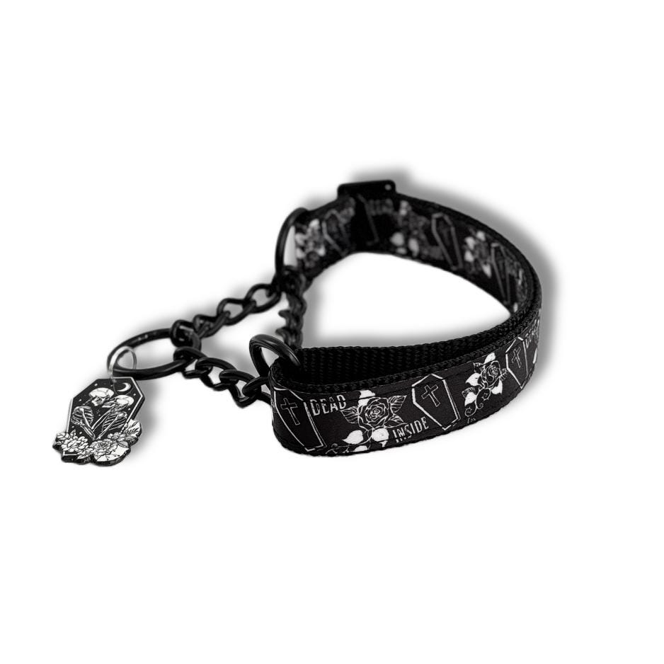 Agony Martingale - Dead Inside Coffin Martingale, 5/8" 1" 1.5" Wide Metal Chain Martingale Dog Collar With Buckle, Gothic Rose Fabric Collar
