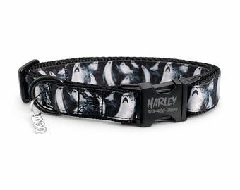 Spooky Ghost Dog Collar: Halloween Phantom Print, Adjustable Nylon Collar with Name Engraved Buckle