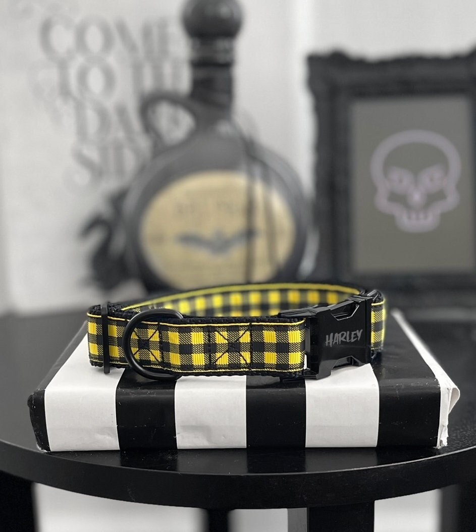 BEE - Yellow Plaid Dog Collar - Punk Dog Collar - Engraved Black Buckle Dog Collar - Handmade Pet Collar - Plaid Pattern ID Dog Collar