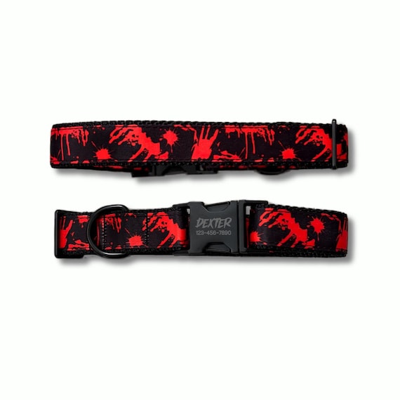 Gothic Blood Splatter Dog Collar: Halloween Horror Pattern, Adjustable Sizing, Engraved Metal Buckle