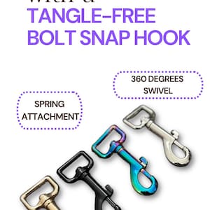 May include: Four metal bolt snap hooks with spring attachments and 360 degrees swivel. The finishes include gold, matte black, iridescent rainbow, and silver. Text indicates they are handmade, tangle-free, and available in 5/8 inch and 1 inch sizes.