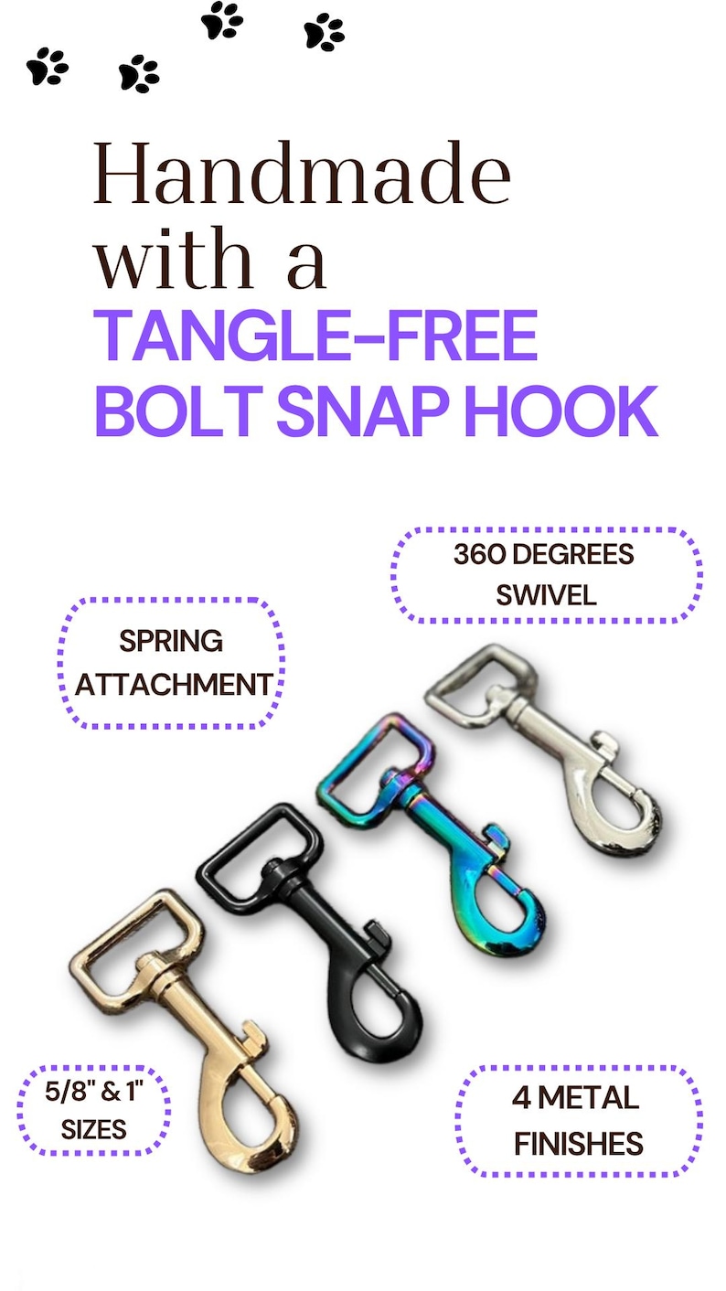 May include: Four metal bolt snap hooks with spring attachments and 360 degrees swivel. The finishes include gold, matte black, iridescent rainbow, and silver. Text indicates they are handmade, tangle-free, and available in 5/8 inch and 1 inch sizes.