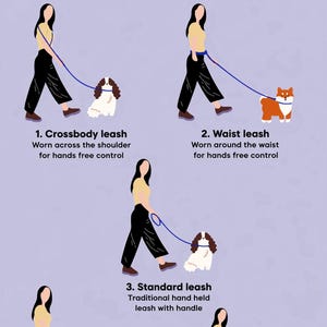 May include: An instructional graphic showing five ways to use a blue multipurpose leash. Illustrations demonstrate a crossbody leash, waist leash, standard leash, dual dog leash for two dogs, and a double ended leash for one dog, with text labels.