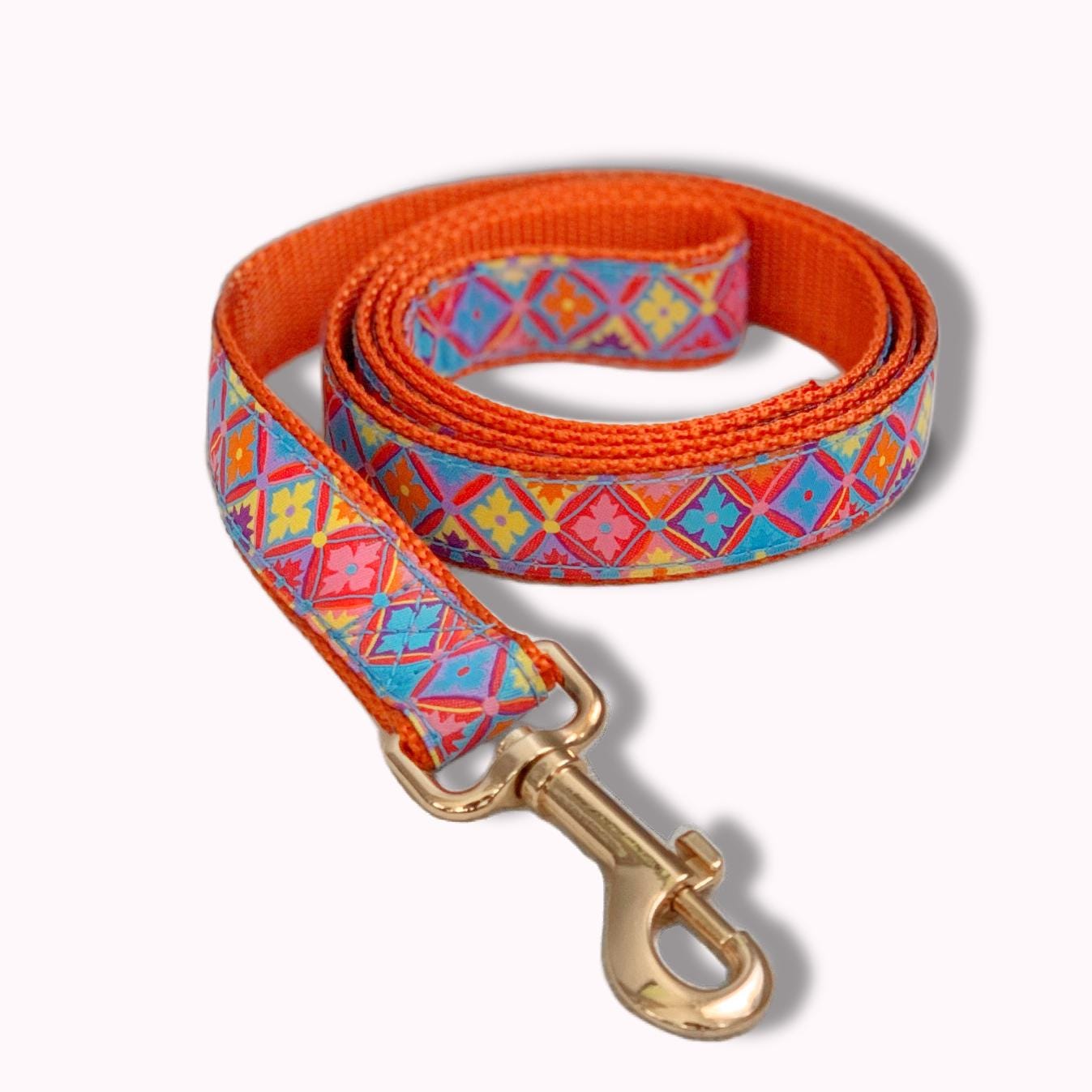 Floral Damask Dog Leash 5/8" Or 1", Orange Nylon Leash With Gold Hardware, Personalized Option