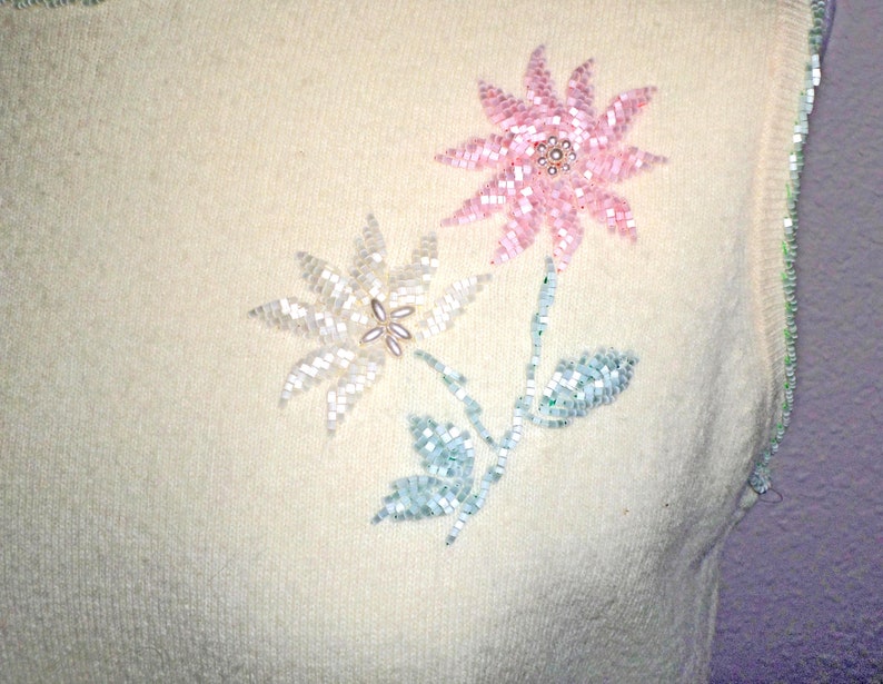 Vintage 1950s ROSANNA Ivory Beaded Lambswool Blend Sweater NWT Sz L