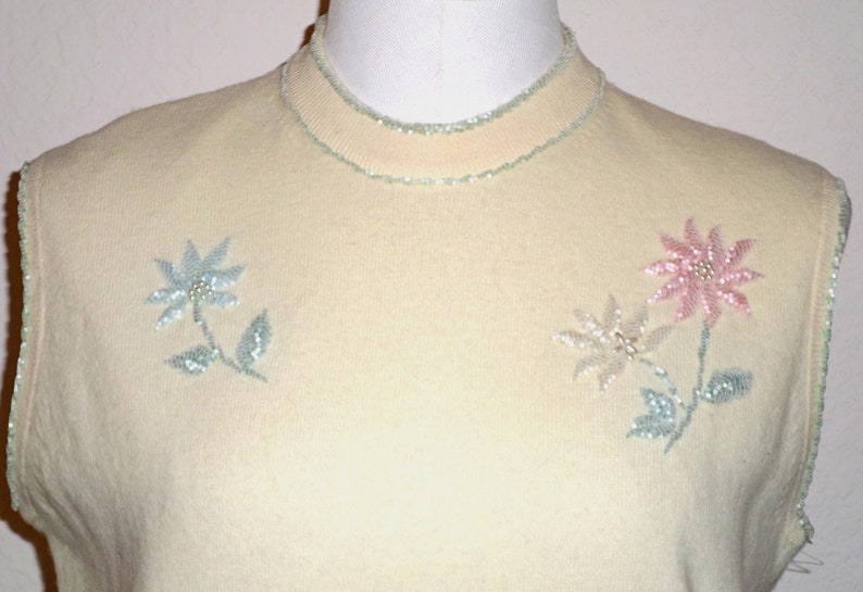 Vintage 1950s ROSANNA Ivory Beaded Lambswool Blend Sweater NWT Sz L