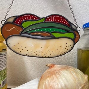 Chicago Hot Dog Stained Glass piece, original design and handmade with love.