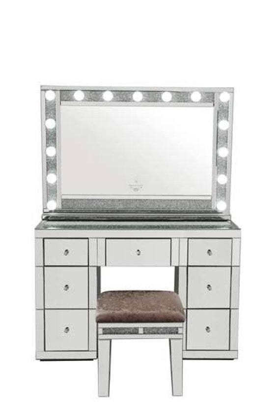 Alice Hollywood Mirrored Vanity Desk Mirror and Stool Combo