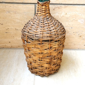 Vintage French Demijohn: Hand Blown Glass Bottle with Woven Wicker