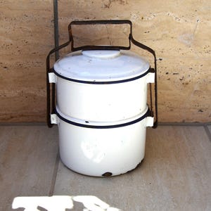 Vintage Stackable Lunch Box, While Enamel Stacking Lunch Pail, Vintage Miner&#39;s Lunch Tin, Lunch Bucket 2 in 1, Food Carrier