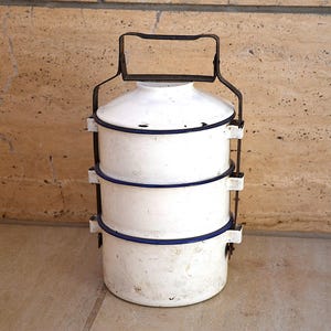 Vintage Stackable Lunch Box, While Enamel Stacking Lunch Pail, Vintage Miner&#39;s Lunch Tin, Lunch Bucket 3 in 1, Food Carrier