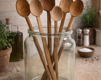 アンティーク プリミティブ 手彫り 木製スプーン 6本セット 素朴な農家風キッチン装飾 ロングハンドル ヴィンテージ 大型 アンティーク 木製レードル