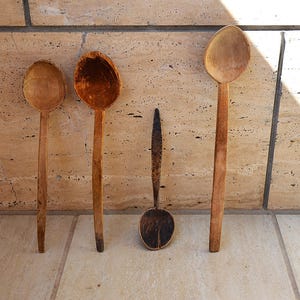 Antique Primitive Hand Carved Wooden Spoon 4 Set, Rustic Farmhouse Kitchen Decor, Long Handle, Vintage Large Antique Wooden Ladles