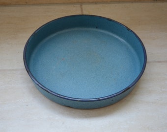 Large Blue Enamel Baking Tray With Black Rim, Retro Enameled Cookware, Round Metal Tray, Big Enamel Dishes, Free Shipping With Tracking