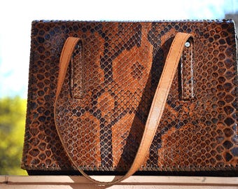 Borsa a mano vintage in pelle di pitone anni '70 - Borsa in vera pelle di pitone per donna, borsa a tracolla in pelle di serpente marrone, borsa a mano in pelle esotica retrò
