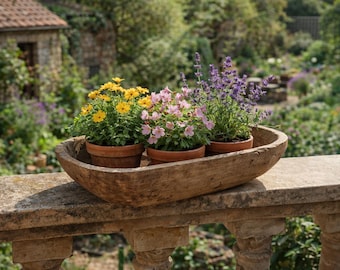 Antique Primitive Wooden Dough Bowl, 19th Century Dough Trough, Rustic Farmhouse Folk Art with Rich Patina