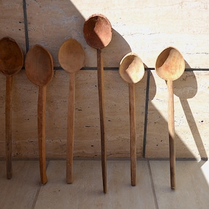 Antique Primitive Hand Carved Wooden Spoon 6 Set, Rustic Farmhouse Kitchen Decor, Long Handle, Vintage Large Antique Wooden Ladles