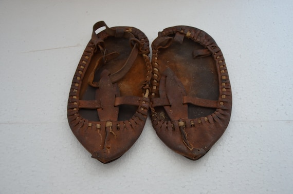 Old Antique Primitive Handmade Leather Shoes From Pig Skin 1910s