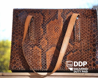 Vintage 1970er Jahre Python-Haut-Handtasche - Echte Python-Leder Geldbörse für Frauen, braune Schlangen-Haut-Umhängetasche, Retro exotische Leder-Handtasche