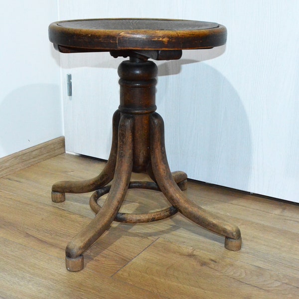 Tabouret de piano vintage en bois cintré par THONET avec marquage, tabouret THONET en bois cintré, tabouret de piano, tabouret pivotant, tabouret antique THONET, chaise de piano