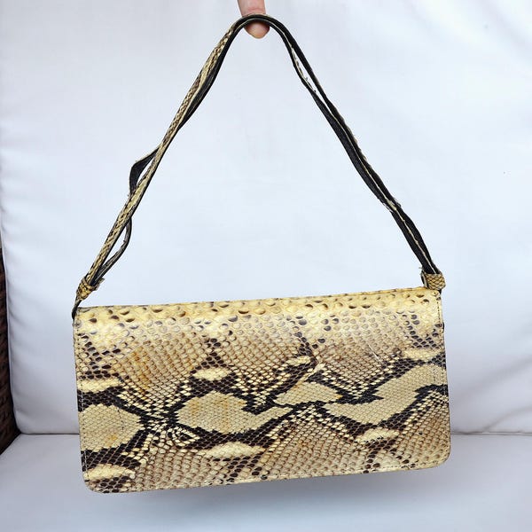 Vintage boho-slangenleer-clutch uit de jaren 70, echte handtas van pythonleer