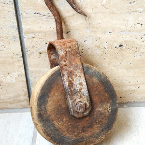Antique Primitive Wooden Pulley Block with Hook, Tackle Pulley with Excellent Patina, Cast Iron, Agricultural, Farming, Industrial Decor