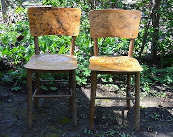 Vintage Mid Century Wooden Chairs - Set of 2 - Rustic Farm Decor