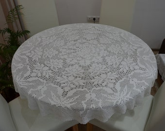 Handmade Crochet Cotton Tablecloth: White Lace, 55.9" Diameter