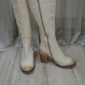 Vintage Women&#39;s Winter Boots, Women&#39;s Knee High Boots,Cream-Coloured Women Boots, Handmade Boots, Autumn-Winter Season Trendy Boots
