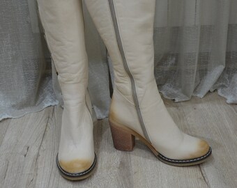 Vintage Cream Leather Knee High Boots - Handmade Winter Fashion