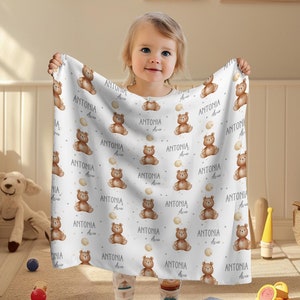 Personalised Cute Bear Minky Blanket, Cool Design Custom Baby Name Blanket, Christmas Gift for All Ages, Baby Shower Gift, Nursery Blanket