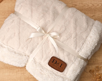 Personalized Sherpa Fleece Blanket, Engraved Leather Patch Cozy Soft Textured Home Decor, Wedding Gift Housewarming Gift For Couple