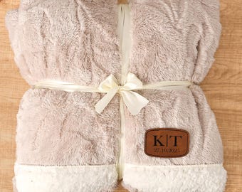 Personalized Sherpa Fleece Blanket, Engraved Leather Patch Cozy Sherpa Soft Textured Home Decor, Wedding Gift Housewarming Gift For Couple