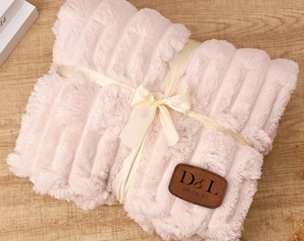 Personalized Fleece Blanket, Engraved Leather Patch Cozy Soft Textured Home Decor, Wedding/Housewarming Gift For Couple, Christmas Gifts