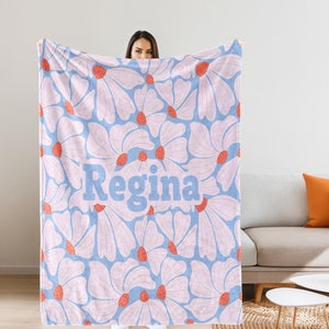Personalized Blue and White Flower Name Blanket, Custom Floral Girl Blanket Toddler Girl Gift Baby Shower Gift Wildflower Minky Blanket