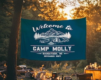 Custom Camping Tapestry, Personalized Camp Flag, Bachelorette Party Decor