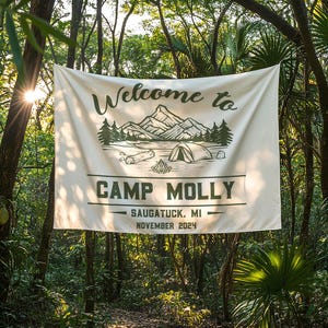 Camping Bachelorette Tapestry, Custom Banner Camp Flag or Backdrop for Glamping Bach Weekend Personalized Wall Tapestries, Text Tapestry