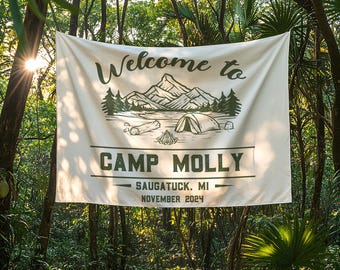Camping Bachelorette Tapestry, Custom Banner Camp Flag or Backdrop for Glamping Bach Weekend Personalized Wall Tapestries, Text Tapestry