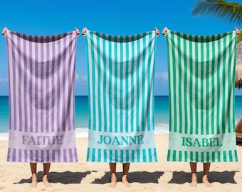 Personalized Striped Beach Towel, Retro Custom Name Microfiber Pool Towel