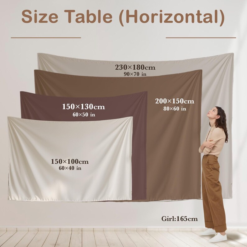 May include: Size chart for fabric wall tapestries in various sizes. The chart shows the dimensions in both inches and centimeters. The tapestries are available in beige and brown colors.