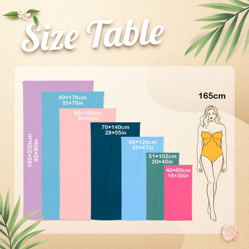 May include: A size table displays beach towels in various sizes and colors, including purple, blue, pink, navy, light blue, green, and hot pink. Measurements are provided in both centimeters and inches, with a height reference of 165cm.