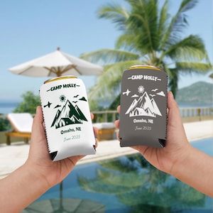 Glacières personnalisées pour canettes de camping, pochettes de canette de boisson Camp EVJF, EVJF en montagne, cadeau d&#39;enterrement de vie de jeune fille ou jeune garçon, porte-canette Bach