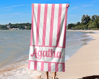 Personalized Striped Beach Towel, Custom Name Pool, Microfiber Vacation