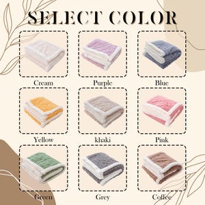 May include: Image displays nine folded blankets in various colors, including cream, purple, blue, yellow, khaki, pink, green, grey, and coffee. Each blanket has a white border and is labeled with its color name. The text "SELECT COLOR" is at the top.